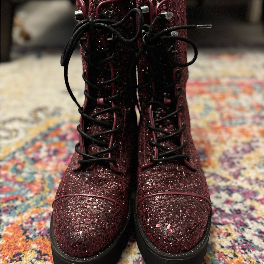 Michael Kors Bryce Leather Platform Combat Boot - maroon glitter - 8&1/2 - Picture 2 of 9